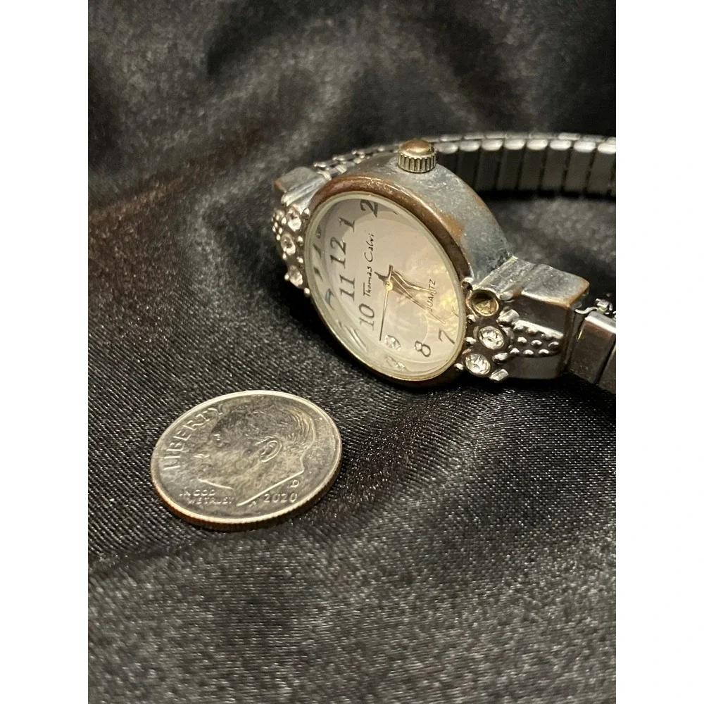 Thomas Calvi Quartz Crystal Rhinestone Bezel VTG Women’s Watch Silver Tone Works